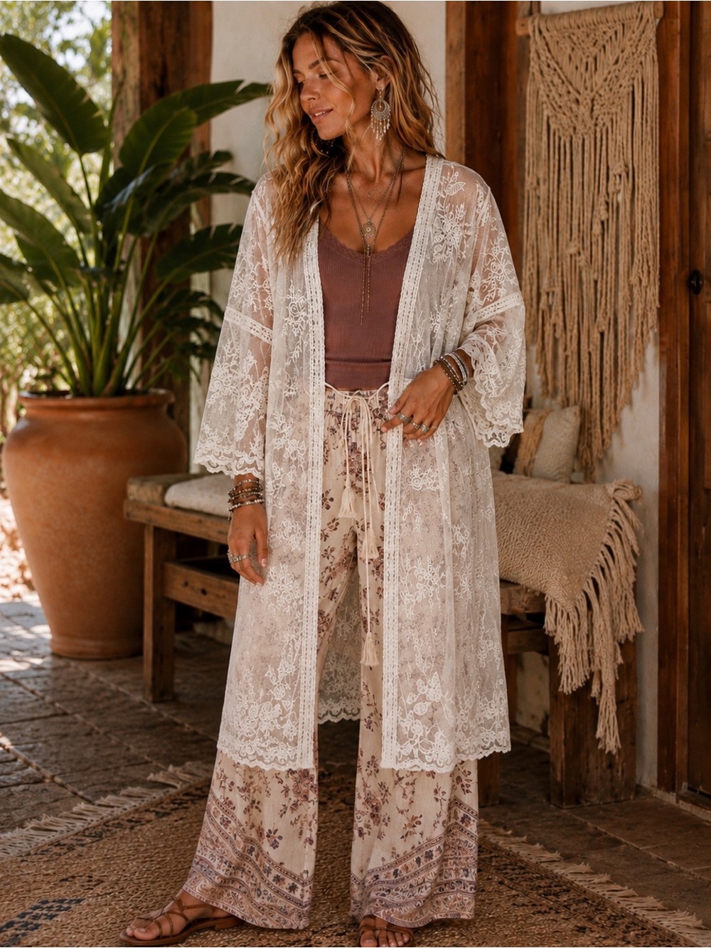 Rebellion White Sheer Lace‎ Kimono with Floral Trim